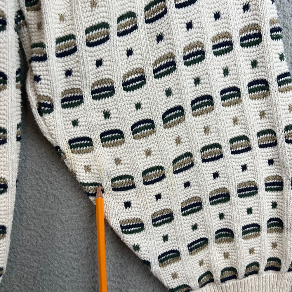 Vintage Textured Knit Geometric Crewneck Sweater Mens Cream Green Brown Pattern - Picture 6 of 8